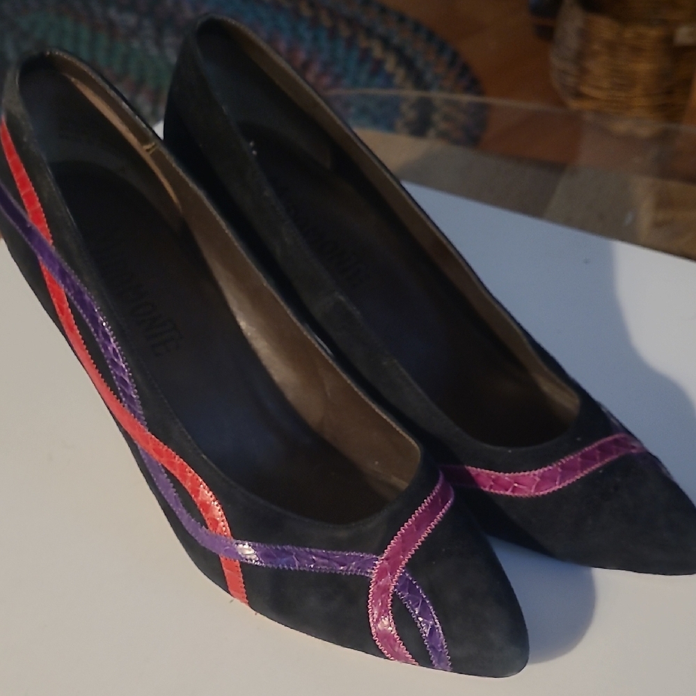 7B MIRAMONTE Black Genuine Leather Suede  +Red Purple Women's Heels Vintage Used